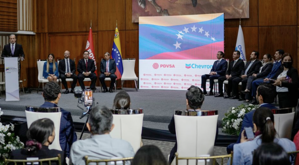 Venezuelan Petroleum Minister Tareck El Aissami speaks during a signing ceremony with California-based Chevron, in Caracas, Venezuela, Friday, Dec. 2, 2022.